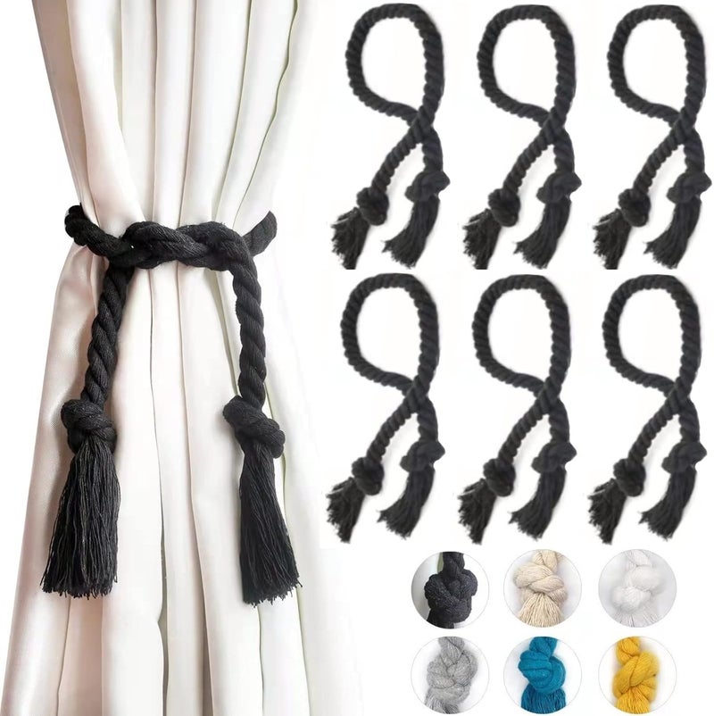 Yteseery 6 Pack Curtain Ties Rope, Outdoor Curtain Tiebacks for Patio Gazebo Pergola Cabana, Natural Cotton Curtain Holders, Village Rural Rustic Farmhouse Curtain Holdbacks for Drapery, Black - Image 1